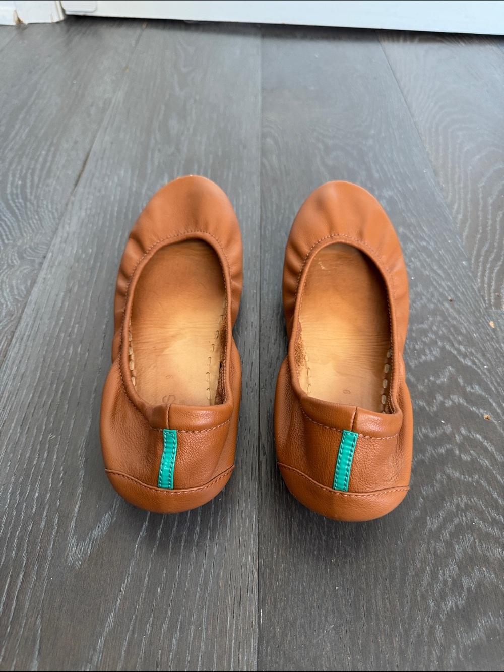 Tieks Cognac Leather Ballet Flats with Teal Soles - Picture 2 of 5